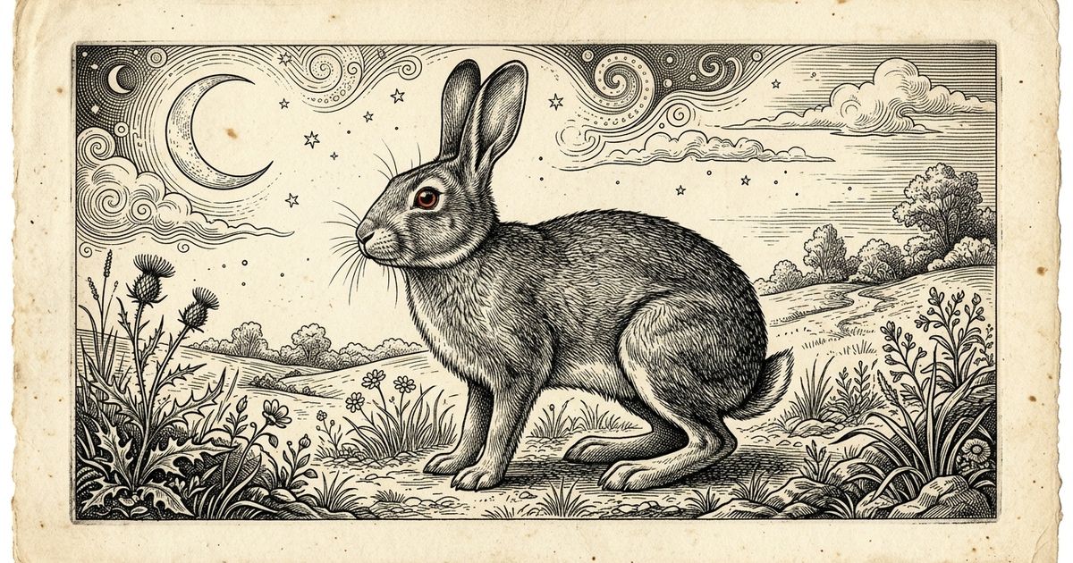 Engraved illustration of a rabbit alert in a moonlit meadow, crescent moon and stars above, crosshatch linework on aged cream paper, vermilion-tinted eye — the Fire Rabbit of 1987.