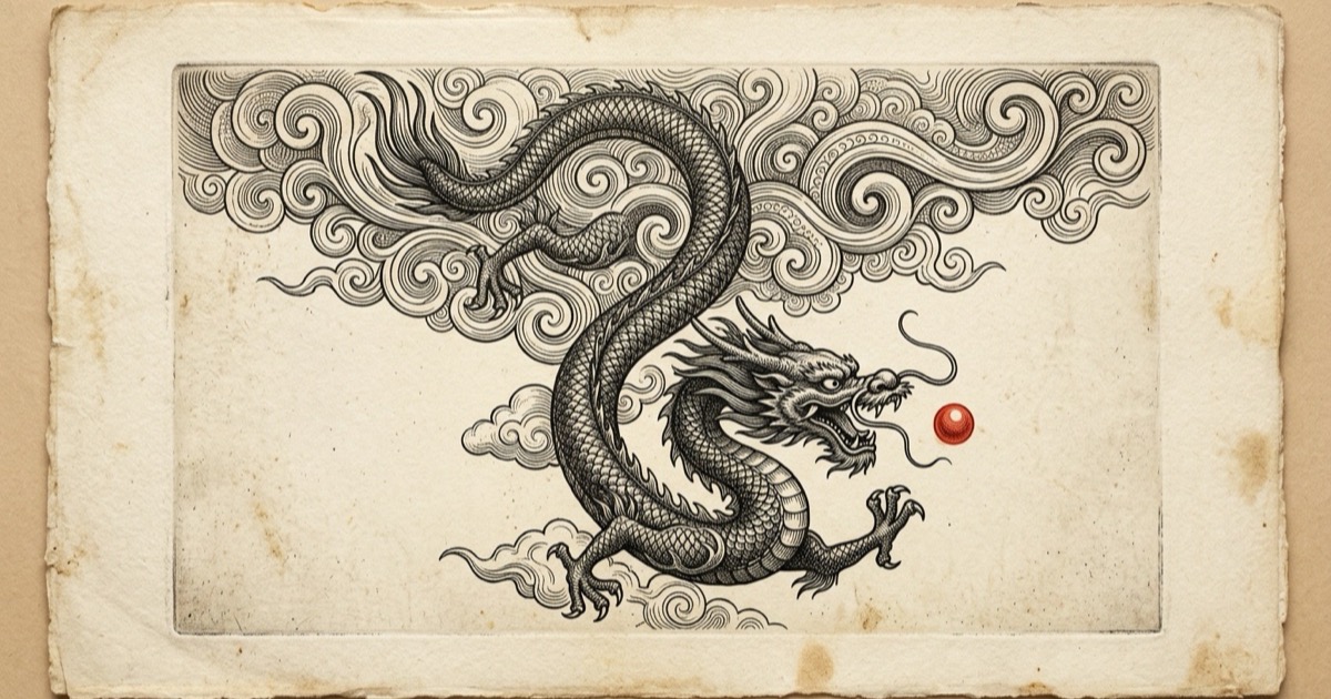 Engraved illustration of a Chinese dragon coiling through cloud scrolls, fine ink crosshatch on aged cream paper, chasing a single vermilion pearl — the Earth Dragon of 1988.