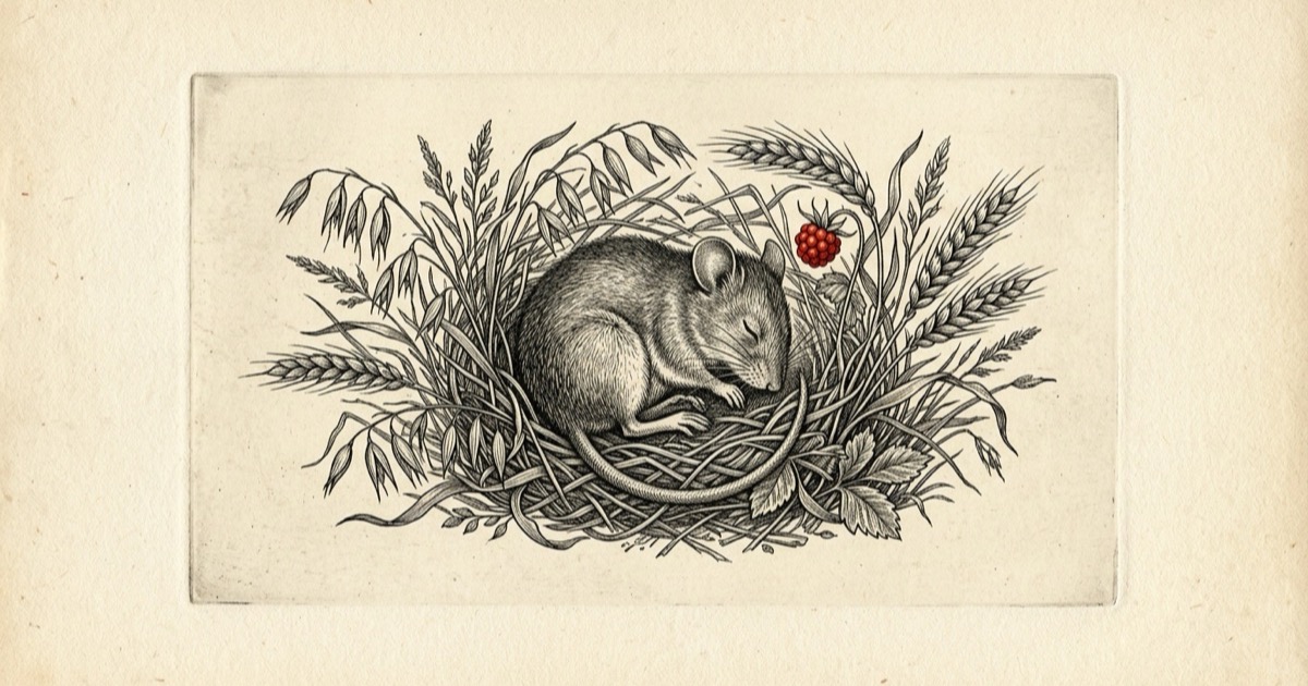 Engraved illustration of a field rat curled asleep among grain stalks, fine ink crosshatch on aged cream paper with a vermilion berry accent — the Fire Rat of 1996.