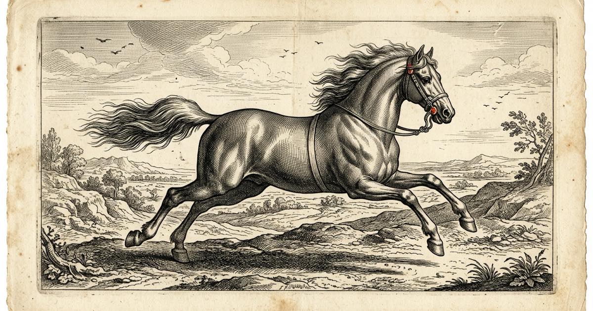 Engraved illustration of a horse at full gallop across open ground, mane and tail streaming, fine ink crosshatch on aged cream paper with a small vermilion bridle accent — the Water Horse of 2002.