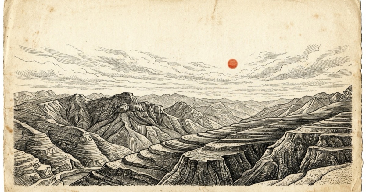 Engraved illustration of layered mountain ridges and terraced earth cliffs under a vermilion sun, fine ink crosshatch on aged cream paper — the earth element plate.