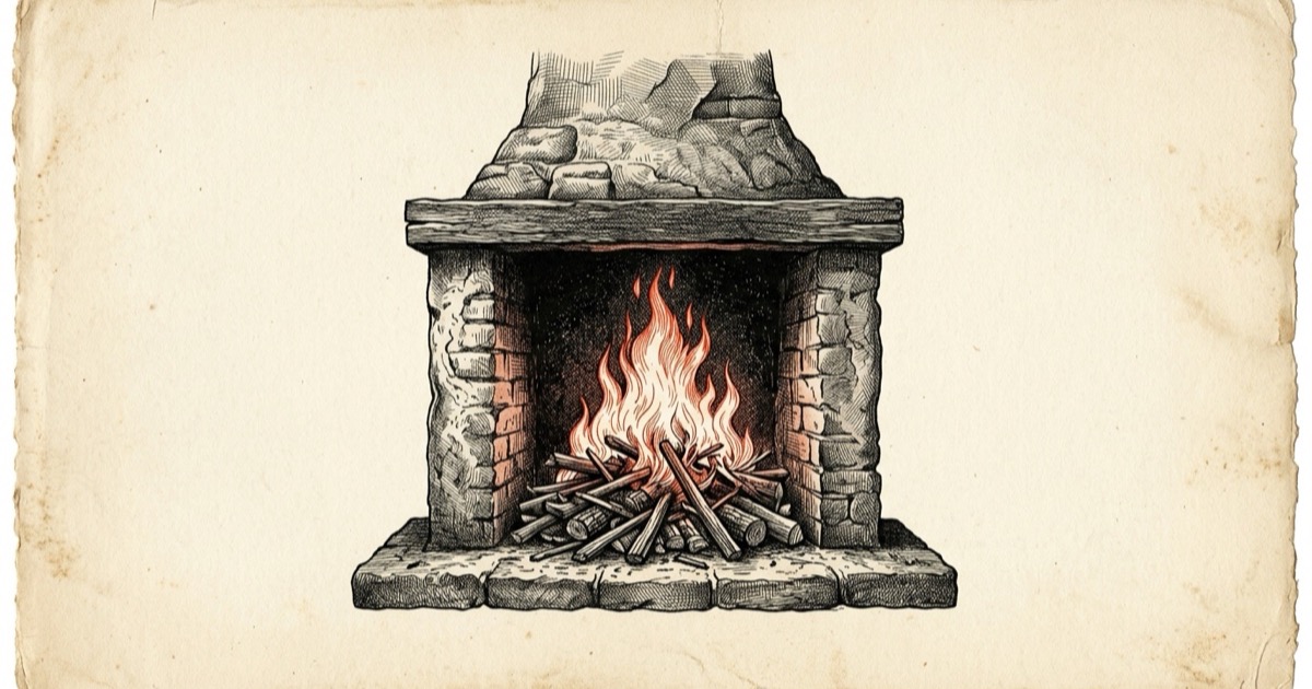 Engraved illustration of a clay hearth with bright flames, fine ink crosshatch on aged cream paper, the fire tipped in vermilion — the fire element plate.