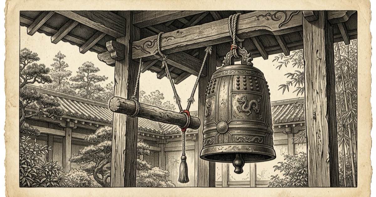 Engraved illustration of an old bronze temple bell on a wooden beam, fine ink crosshatch on aged cream paper with a vermilion cord — the metal element plate.