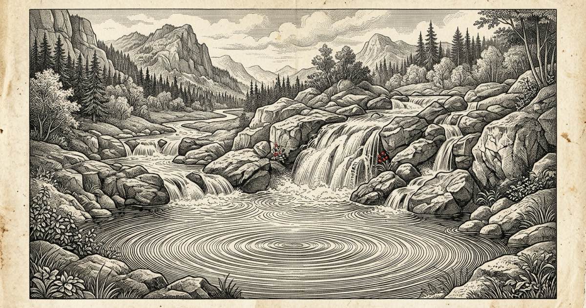 Engraved illustration of a mountain stream cascading over rocks into concentric ripples, fine ink crosshatch on aged cream paper — the water element plate.