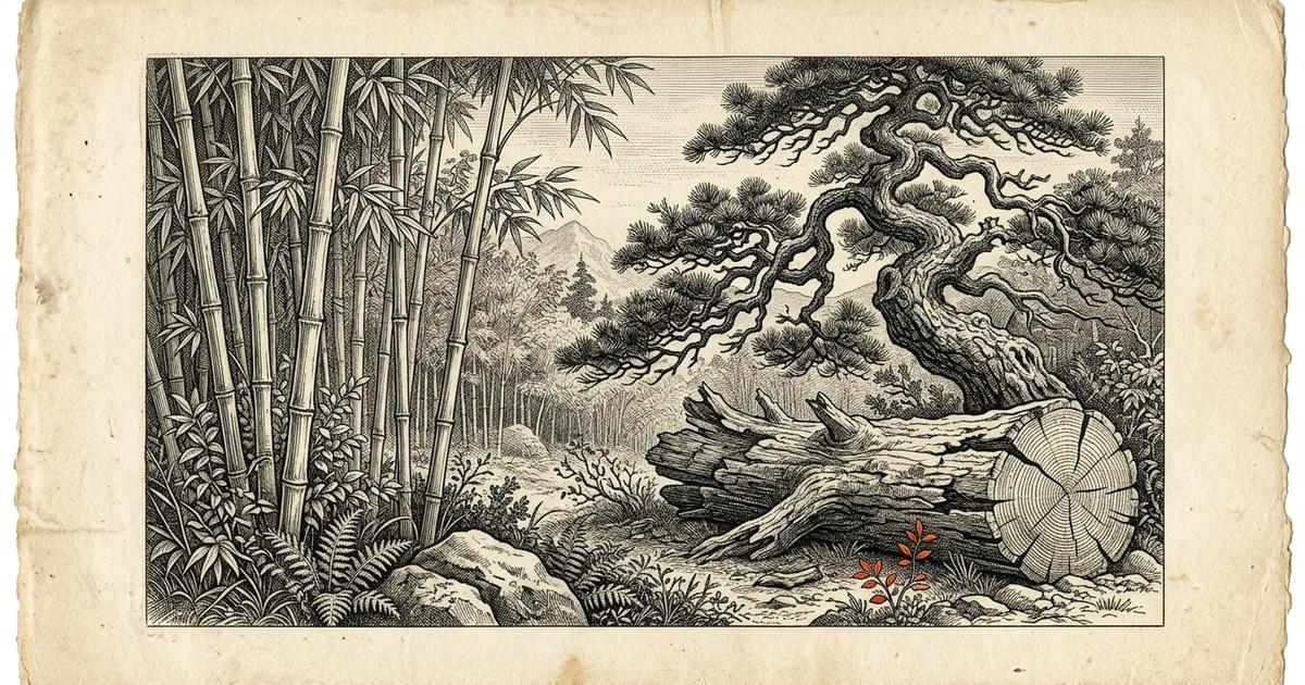 Engraved illustration of bamboo stalks, a gnarled pine and a fallen log showing growth rings, fine ink crosshatch on aged cream paper — the wood element plate.